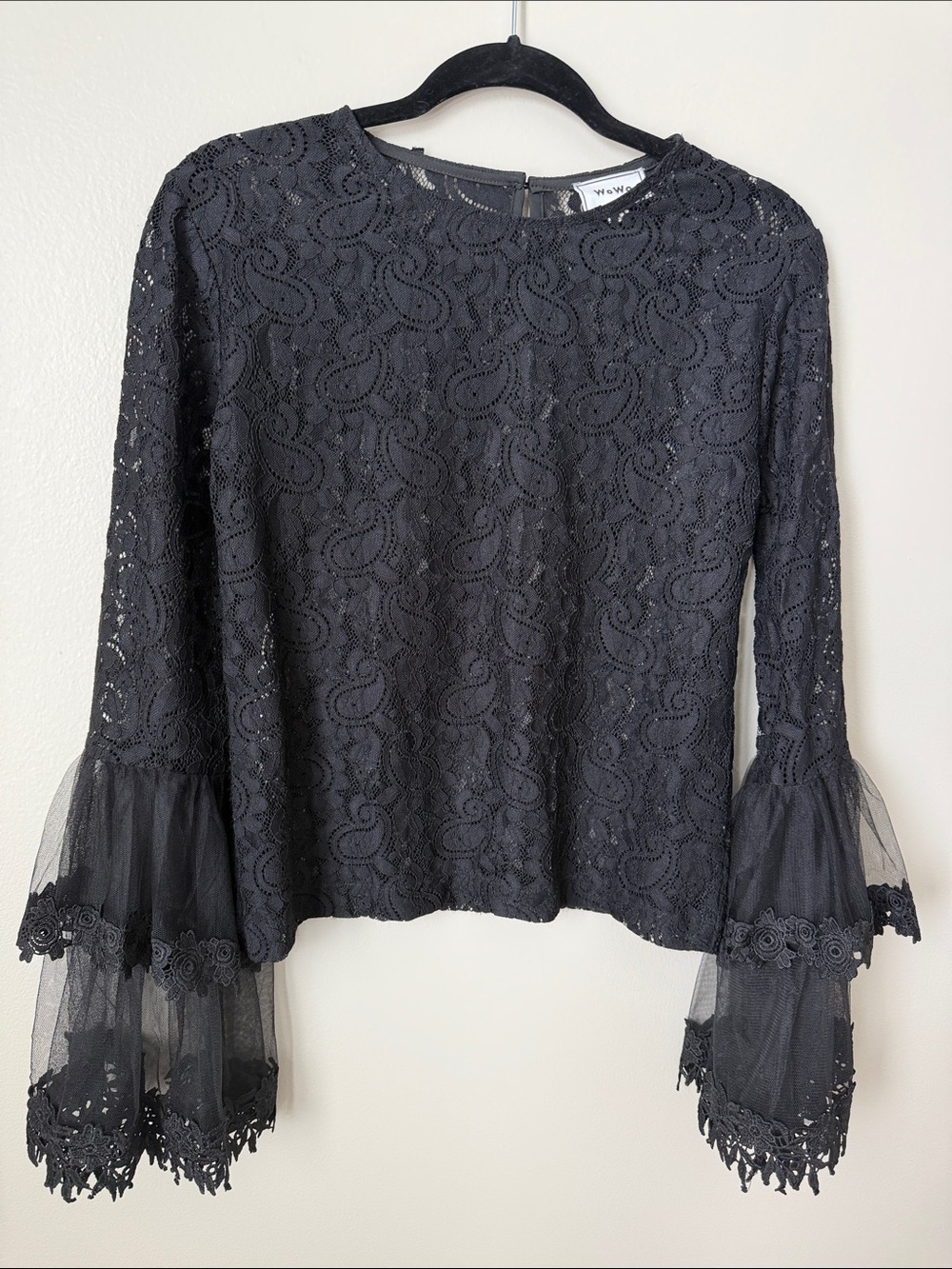 Woven Heart Black Lace Tiered Bell Sleeve Blouse
